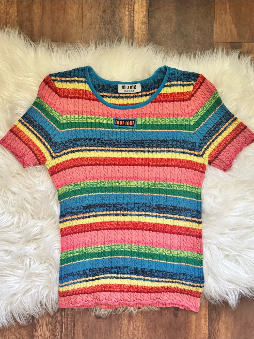 Miu Miu Ribbed Striped Knit Short Sleeve Top Multicolor Size 40